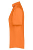 An orange button-up ladies business shirt featuring a collar and short sleeves, with a logo present.
