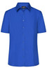 A blue button-up ladies business shirt with short sleeves and a collar, featuring buttons down the front and a logo.