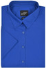 A blue button-up business shirt with a collar, featuring a single folded sleeve and a branding label.