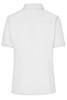A white short-sleeved ladies business shirt with a collar, featuring a back yoke and a branding logo.