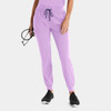 A pair of women's jogger pants in a light purple colour, featuring an elastic waistband and cuffs.