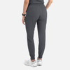 A pair of dark grey women's joggers with a tapered fit and cuffed ankles, featuring back pockets.