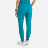 A pair of women's joggers in teal, featuring a fitted waistband and elastic cuffs, with two back pockets.