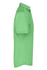 A green men's button-up business shirt with short sleeves, featuring a collar and a logo.