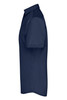 A navy blue short-sleeve men's business shirt with a button-up design and a pocket on the chest.