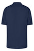 A navy blue short-sleeve button-up business shirt with a collar and a plain back. Features a logo.