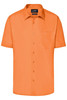 An orange short-sleeve button-up business shirt with a chest pocket and a logo.