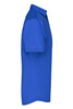 A blue men's short-sleeve business shirt in a side view, featuring a collar and a simple design.