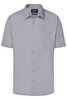 A short-sleeved grey button-up business shirt featuring a chest pocket and a simple logo.