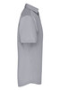 A short-sleeved, button-up men's business shirt in grey, featuring a collar and slim fit design.