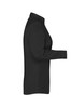 A black button-up shirt shown from the side, featuring long sleeves and a collar. It has a branding logo.