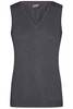 A grey ladies v-neck vest, featuring a fitted design and no sleeves. The item has a logo on the label.