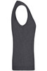 A knitted grey ladies' vest with a V-neck design, featuring a logo on the side.