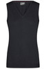 A sleeveless ladies V-neck vest in black, featuring a fitted design and a branding logo.