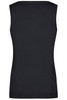 A black ladies v-neck knitted vest with a fitted design and no sleeves. Features a branding logo.