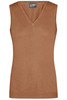 A sleeveless, V-neck vest in a warm tan colour, featuring a fitted design and ribbed hem. It has a logo.