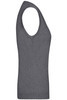 A grey ladies V-neck vest with a fitted design, featuring a knitted texture and no sleeves.