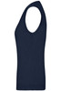 A navy blue ladies V-neck vest featuring a sleeveless design and fitted silhouette. It has a branding logo.