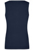A navy blue ladies V-neck vest with a fitted design and no sleeves. It features a logo on the back.