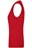 A red ladies V-neck vest featuring a sleeveless design and knitted fabric, showcasing a fitted silhouette.