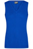 A vibrant blue ladies v-neck vest with a fitted design, made from knitted fabric. It features a branding logo.