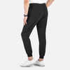 Black joggers with a full elastic waistband and tapered legs, featuring pockets and a logo.