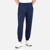 A pair of navy joggers with a full elastic waistband and side pockets, featuring a small logo.