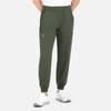 Olive green joggers featuring a full elastic waistband and side pockets, worn with a white t-shirt and shoes.
