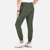 A pair of olive green joggers with a full elastic waistband, shown from the back, featuring pockets.