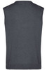 A knitted men's V-neck vest in dark grey, featuring a sleeveless design and a back view. Includes branding detail.