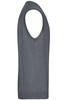 A grey men's v-neck vest made from knitted material, featuring a sleeveless design. It has a logo.