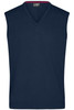 A navy blue men's V-neck vest with a sleeveless design and a branded label.