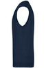 A navy blue men's V-neck vest, featuring a sleeveless design and a knitted texture. It has a logo.
