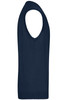 A navy men's v-neck vest with a sleeveless design. The vest features a ribbed hem and has a logo.