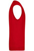 A red men's v-neck vest displayed from the side, featuring a sleeveless design and a smooth knit texture.