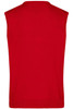 A red knitted men's V-neck vest, featuring a sleeveless design and a smooth fabric texture.