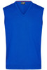 A blue men's v-neck vest with sleeveless design and a ribbed hem, featuring a logo.