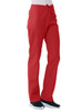 A pair of red unisex pull-on pants with side pockets, featuring a drawstring waist and a logo.