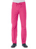 A pair of pink unisex pull-on pants with a drawstring waist and side pockets. Features a logo.