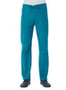 A pair of unisex pull-on pants in teal, featuring a drawstring waist and side pockets. The model wears dark shoes.