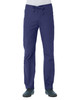 A pair of unisex pull-on pants in navy blue with a drawstring waistband and a logo.