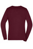 A burgundy ladies' V-neck pullover jumper with long sleeves and a simple design. Features a logo on the garment.