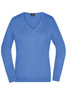 A blue ladies V-neck pullover knitted jumper with long sleeves and a fitted design. It has a brand logo on the label.