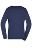 A navy ladies v-neck pullover with long sleeves, featuring a knitted design and a logo on the back.
