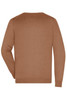 A men's v-neck pullover in a warm brown tone, featuring a simple knitted design and one visible logo.
