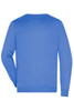 A blue knitted V-neck pullover jumper with long sleeves and a plain back, featuring a logo.