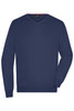 A navy blue men's V-neck pullover with long sleeves. It features a knitted texture and a logo.