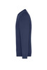 A navy V-neck pullover jumper with long sleeves. The garment is displayed from the side view. It has a logo.