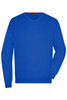 A blue men's V-neck pullover knitted jumper with long sleeves and a logo.