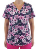 A floral women's V-neck top featuring pink and white flowers on a navy background, with short sleeves.